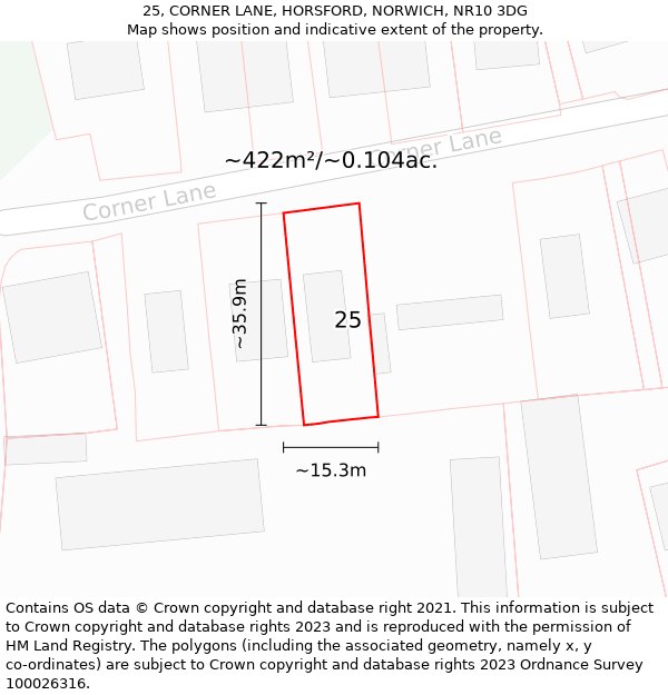 25, CORNER LANE, HORSFORD, NORWICH, NR10 3DG: Plot and title map