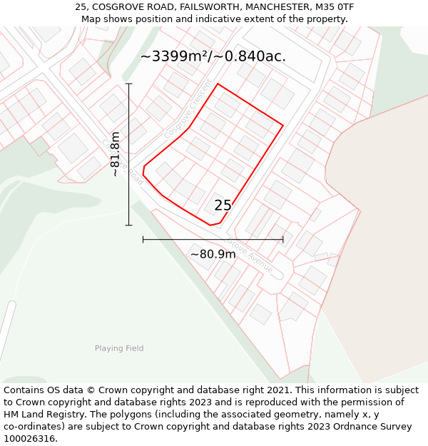 25, COSGROVE ROAD, FAILSWORTH, MANCHESTER, M35 0TF: Plot and title map