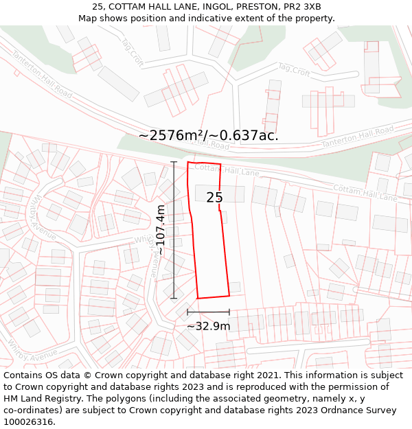 25, COTTAM HALL LANE, INGOL, PRESTON, PR2 3XB: Plot and title map