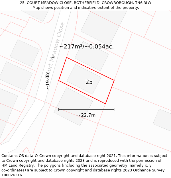 25, COURT MEADOW CLOSE, ROTHERFIELD, CROWBOROUGH, TN6 3LW: Plot and title map