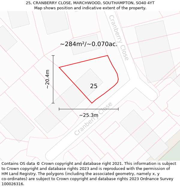 25, CRANBERRY CLOSE, MARCHWOOD, SOUTHAMPTON, SO40 4YT: Plot and title map