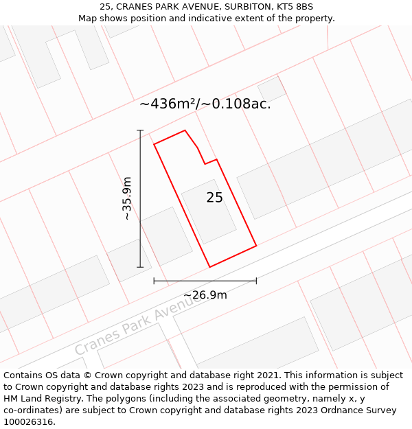 25, CRANES PARK AVENUE, SURBITON, KT5 8BS: Plot and title map