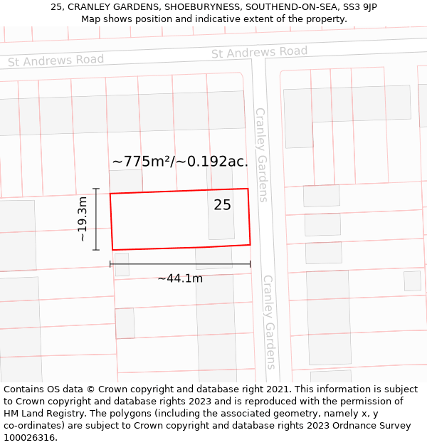 25, CRANLEY GARDENS, SHOEBURYNESS, SOUTHEND-ON-SEA, SS3 9JP: Plot and title map