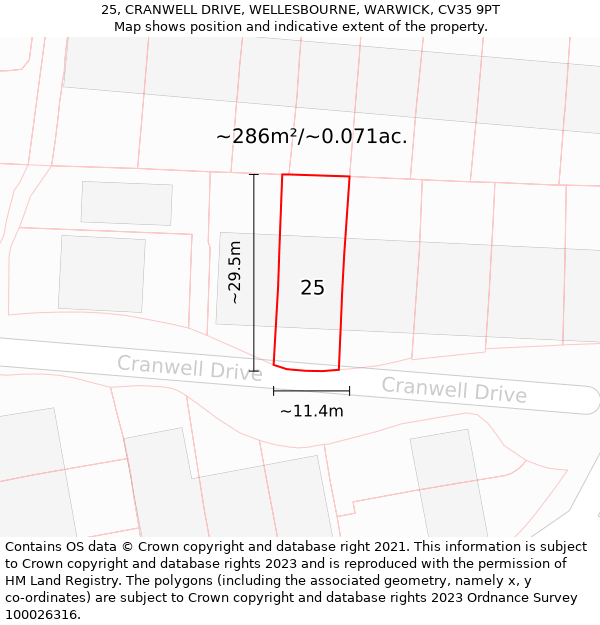 25, CRANWELL DRIVE, WELLESBOURNE, WARWICK, CV35 9PT: Plot and title map