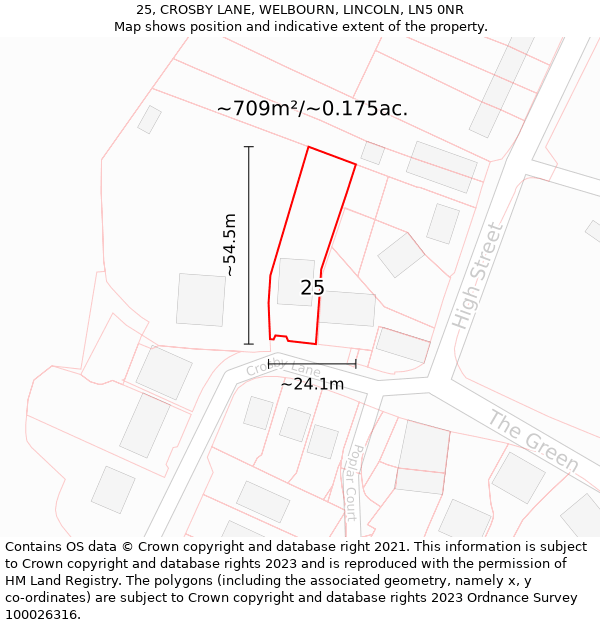 25, CROSBY LANE, WELBOURN, LINCOLN, LN5 0NR: Plot and title map