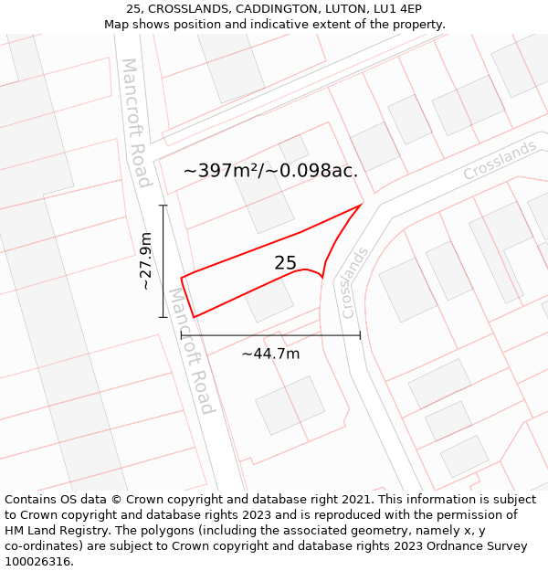 25, CROSSLANDS, CADDINGTON, LUTON, LU1 4EP: Plot and title map