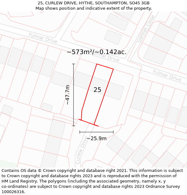 25, CURLEW DRIVE, HYTHE, SOUTHAMPTON, SO45 3GB: Plot and title map