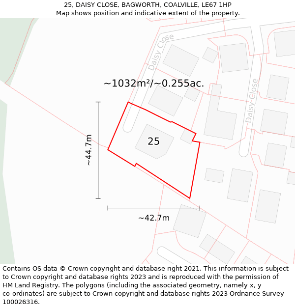 25, DAISY CLOSE, BAGWORTH, COALVILLE, LE67 1HP: Plot and title map