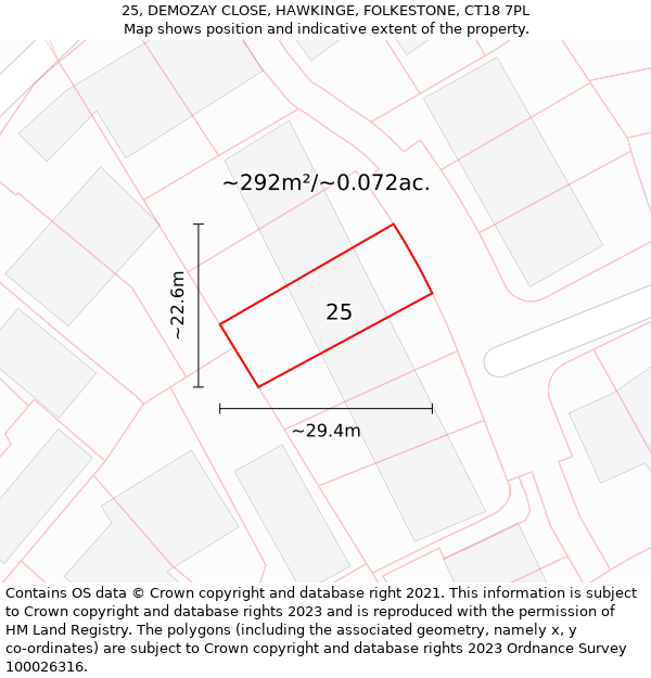 25, DEMOZAY CLOSE, HAWKINGE, FOLKESTONE, CT18 7PL: Plot and title map