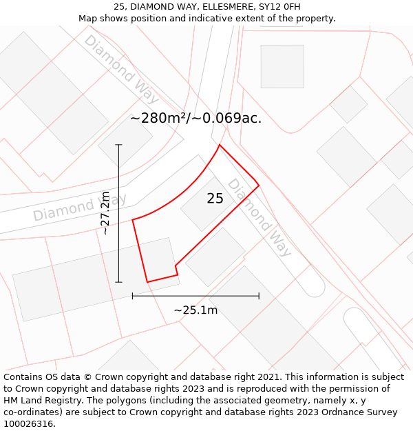 25, DIAMOND WAY, ELLESMERE, SY12 0FH: Plot and title map