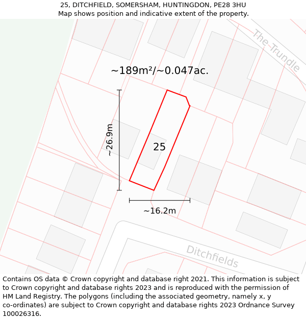 25, DITCHFIELD, SOMERSHAM, HUNTINGDON, PE28 3HU: Plot and title map