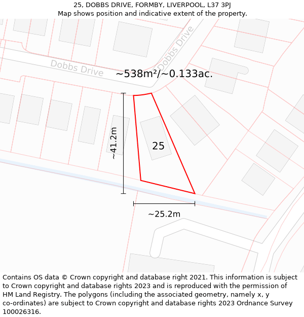 25, DOBBS DRIVE, FORMBY, LIVERPOOL, L37 3PJ: Plot and title map