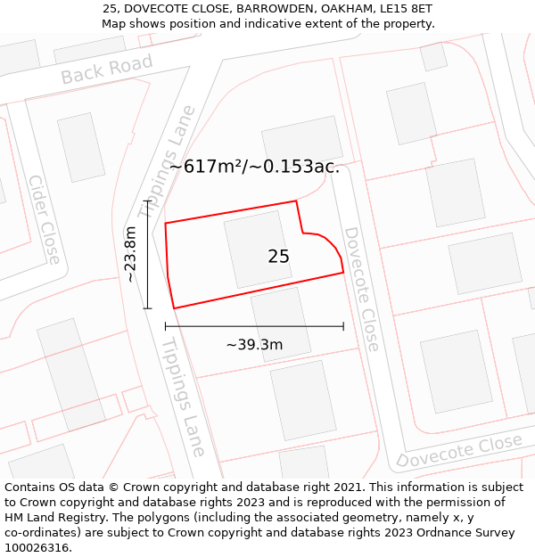 25, DOVECOTE CLOSE, BARROWDEN, OAKHAM, LE15 8ET: Plot and title map