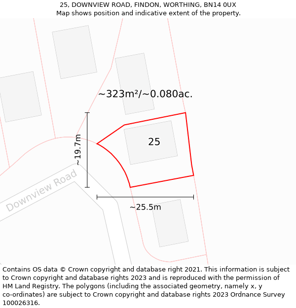 25, DOWNVIEW ROAD, FINDON, WORTHING, BN14 0UX: Plot and title map