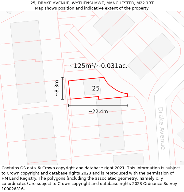 25, DRAKE AVENUE, WYTHENSHAWE, MANCHESTER, M22 1BT: Plot and title map