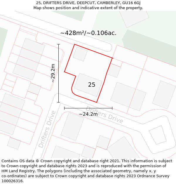 25, DRIFTERS DRIVE, DEEPCUT, CAMBERLEY, GU16 6GJ: Plot and title map