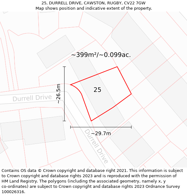 25, DURRELL DRIVE, CAWSTON, RUGBY, CV22 7GW: Plot and title map