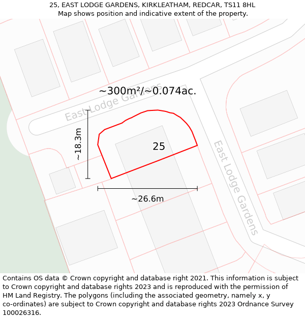 25, EAST LODGE GARDENS, KIRKLEATHAM, REDCAR, TS11 8HL: Plot and title map