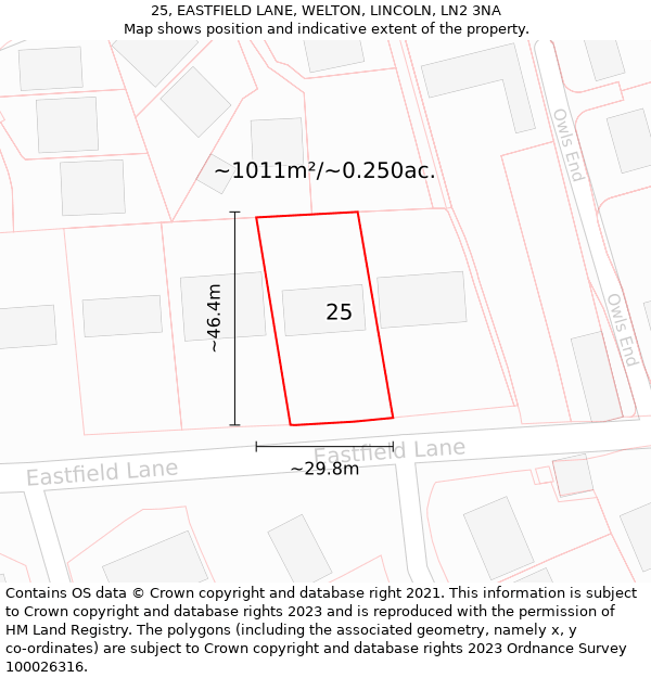 25, EASTFIELD LANE, WELTON, LINCOLN, LN2 3NA: Plot and title map