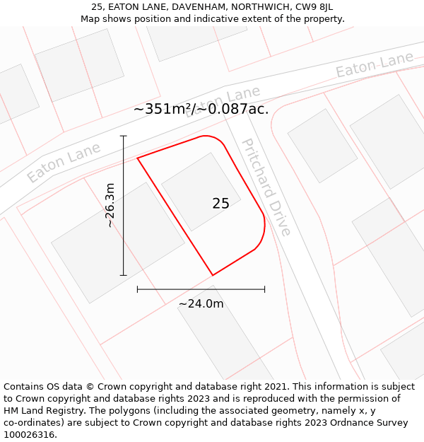 25, EATON LANE, DAVENHAM, NORTHWICH, CW9 8JL: Plot and title map