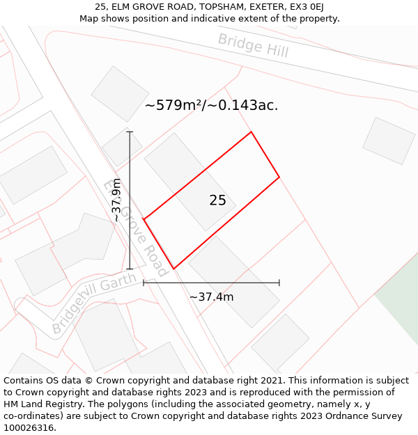 25, ELM GROVE ROAD, TOPSHAM, EXETER, EX3 0EJ: Plot and title map