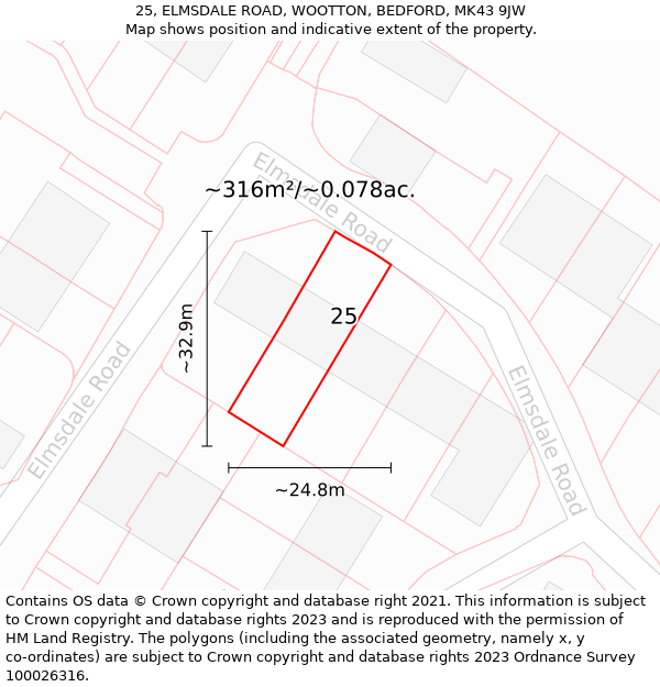 25, ELMSDALE ROAD, WOOTTON, BEDFORD, MK43 9JW: Plot and title map