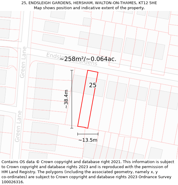 25, ENDSLEIGH GARDENS, HERSHAM, WALTON-ON-THAMES, KT12 5HE: Plot and title map