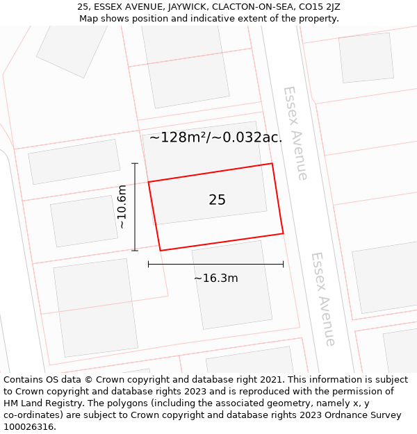 25, ESSEX AVENUE, JAYWICK, CLACTON-ON-SEA, CO15 2JZ: Plot and title map