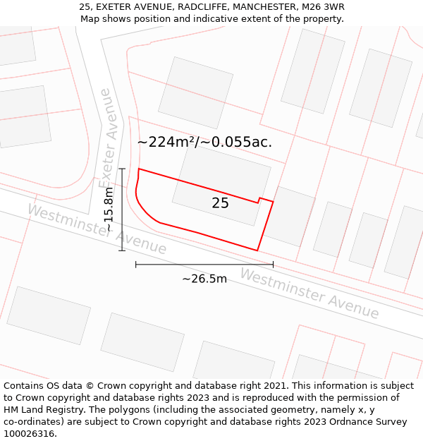 25, EXETER AVENUE, RADCLIFFE, MANCHESTER, M26 3WR: Plot and title map