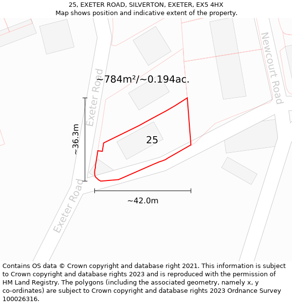 25, EXETER ROAD, SILVERTON, EXETER, EX5 4HX: Plot and title map