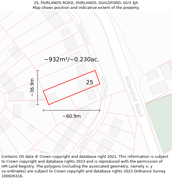 25, FAIRLANDS ROAD, FAIRLANDS, GUILDFORD, GU3 3JA: Plot and title map