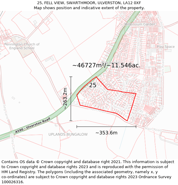 25, FELL VIEW, SWARTHMOOR, ULVERSTON, LA12 0XF: Plot and title map