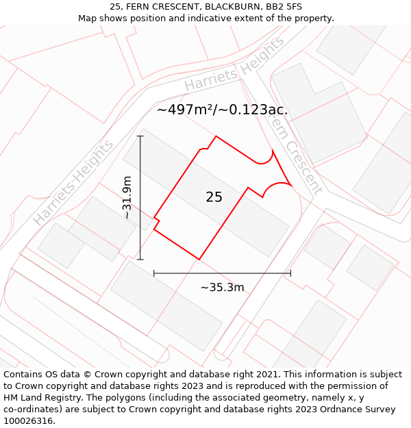 25, FERN CRESCENT, BLACKBURN, BB2 5FS: Plot and title map