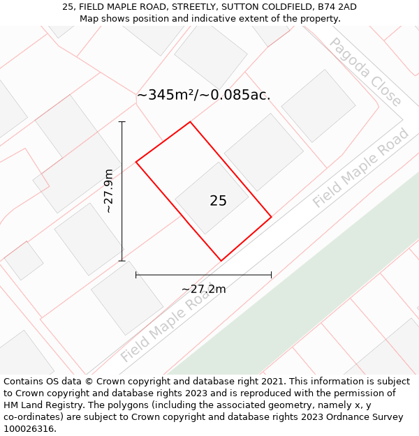 25, FIELD MAPLE ROAD, STREETLY, SUTTON COLDFIELD, B74 2AD: Plot and title map