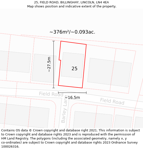 25, FIELD ROAD, BILLINGHAY, LINCOLN, LN4 4EA: Plot and title map