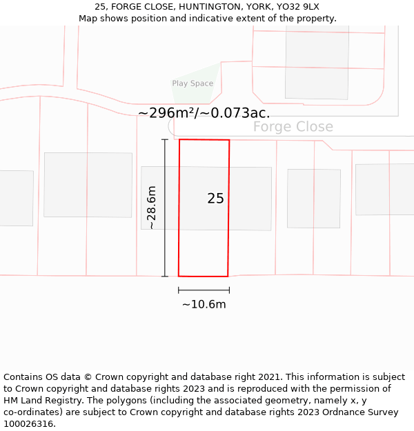 25, FORGE CLOSE, HUNTINGTON, YORK, YO32 9LX: Plot and title map