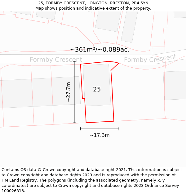 25, FORMBY CRESCENT, LONGTON, PRESTON, PR4 5YN: Plot and title map