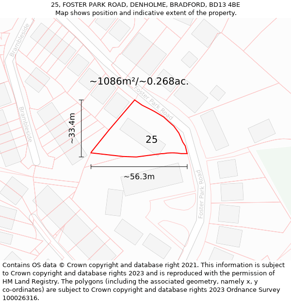 25, FOSTER PARK ROAD, DENHOLME, BRADFORD, BD13 4BE: Plot and title map