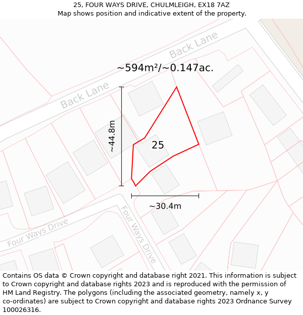 25, FOUR WAYS DRIVE, CHULMLEIGH, EX18 7AZ: Plot and title map