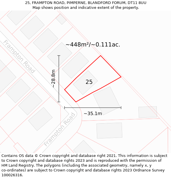 25, FRAMPTON ROAD, PIMPERNE, BLANDFORD FORUM, DT11 8UU: Plot and title map