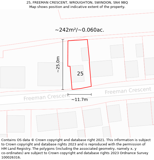 25, FREEMAN CRESCENT, WROUGHTON, SWINDON, SN4 9BQ: Plot and title map