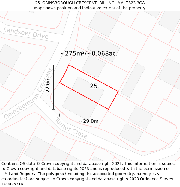 25, GAINSBOROUGH CRESCENT, BILLINGHAM, TS23 3GA: Plot and title map