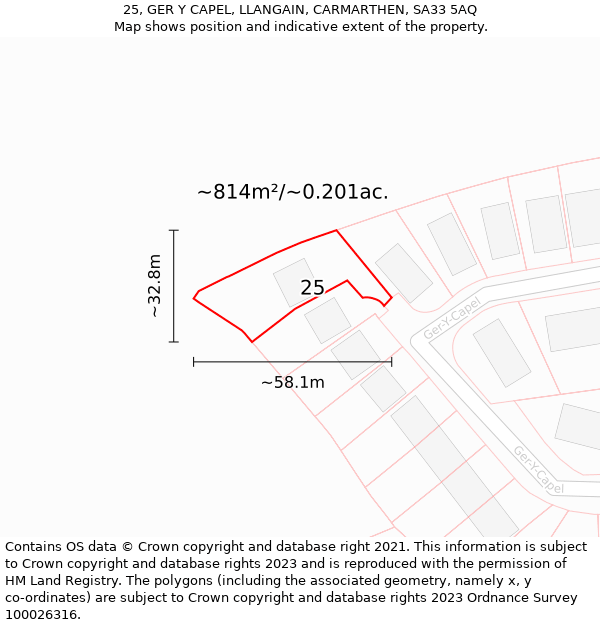 25, GER Y CAPEL, LLANGAIN, CARMARTHEN, SA33 5AQ: Plot and title map