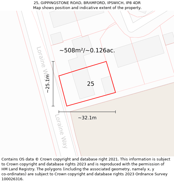 25, GIPPINGSTONE ROAD, BRAMFORD, IPSWICH, IP8 4DR: Plot and title map