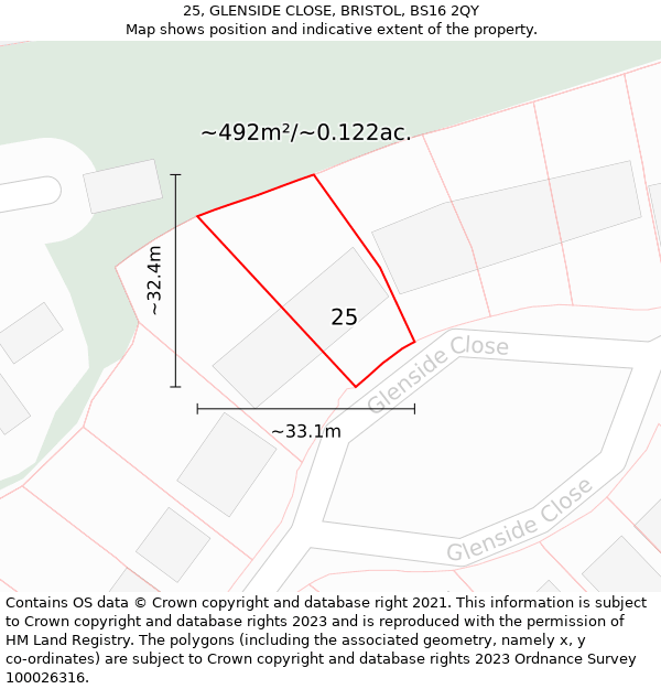 25, GLENSIDE CLOSE, BRISTOL, BS16 2QY: Plot and title map