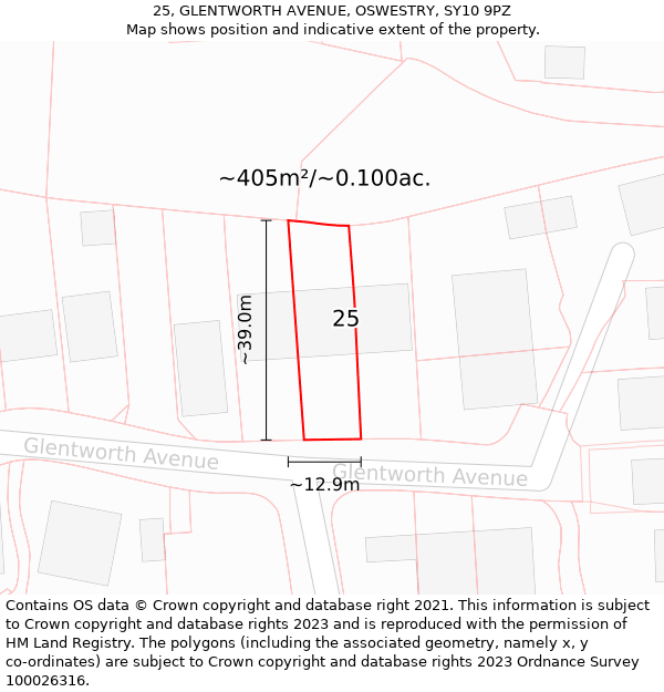 25, GLENTWORTH AVENUE, OSWESTRY, SY10 9PZ: Plot and title map