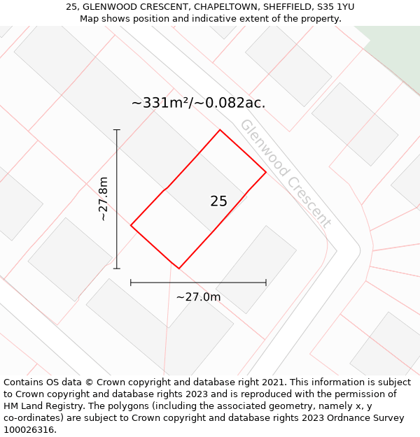 25, GLENWOOD CRESCENT, CHAPELTOWN, SHEFFIELD, S35 1YU: Plot and title map