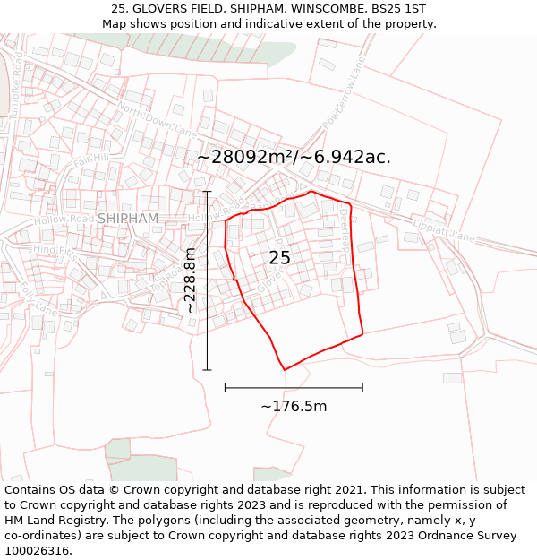 25, GLOVERS FIELD, SHIPHAM, WINSCOMBE, BS25 1ST: Plot and title map