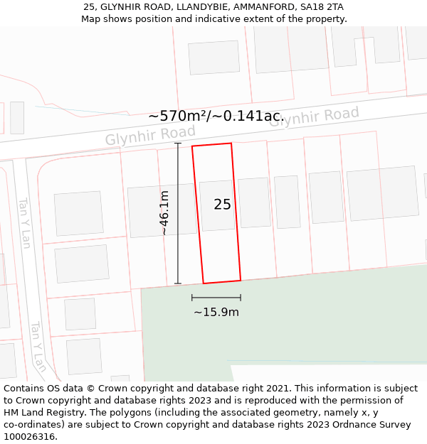 25, GLYNHIR ROAD, LLANDYBIE, AMMANFORD, SA18 2TA: Plot and title map