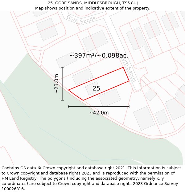 25, GORE SANDS, MIDDLESBROUGH, TS5 8UJ: Plot and title map